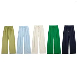 Women's Pants Women Fashion Side Pockets Linen Wide Leg Vintage High Elastic Waist With Drawstring Female Trousers Mujer