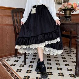 Skirts Long Skirt Womens Thickened Velvet Retro Lace Large Pleated A Line New Y2K Fashion Casual Gothic Lolitayolq