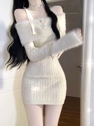 Casual Dresses Sweet Girl Strap Beige Knitted Dress Women's Autumn/winter Slim Pure Sexy Off Shoulder Short Fashion Female Clothes