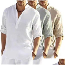 Men'S Casual Shirts 2023 Mens Top Linen Long Sleeve Shirt Loose T-Shirt Solid Color Cotton Men Plus Size Drop Delivery Apparel Men'S Dhbbf