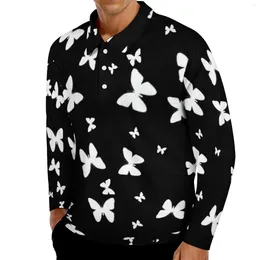 Men's Polos White Butterfly Casual T-Shirts Cute Animal Polo Shirt Man Y2K Autumn Long Sleeve Pattern Clothing Big Size