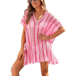 Women's Swimwear 2024 Beach Hollow Knit Bikini Vacation Dress Large Size Loose Colorblocking Cover-ups Official Store Ropa De Mujer