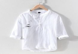 Men039s TShirts Cotton Linen Short Sleeve T Shirt For Men Summer Mandarin Collar Top Male Fashion Chinese Style Embroidery Tee6697802