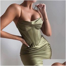 Basic & Casual Dresses Spaghetti Strap Satin Corset Slip Dress Bodycon Ruched Elegant Midi Party Night Club Gown Fall 2022 Drop Deliv Dhyg8