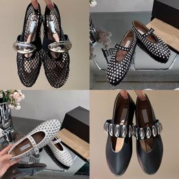 Designer New Women Ballet Flats Hollowed Out Mesh Sandal Mules Round Head Rhinestone Rivet Buckle Mary Genuine Leather Jane Loafers Slide on Shoes