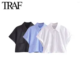 Women's Blouses Women Fashion Summer Pocket Single-breasted Lapels Poplin Short Blouse Street Clothing Shirt Chic Ladies Crop Tops