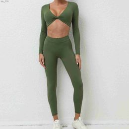 Yoga Outfit Gym Set Women Sport Long Sleeve Top Leggings Set Push Up Activewear Sets Woman Sportswear Yoga Suit for Fitness Lycra Army GreenH24119