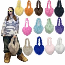 Evening Bags Y2K Streetwear Fluffy Plush Loving Heart Crossbody Punk Goth Faux Fur Handbag Winter Trend 2024 Women's Shopper Tote