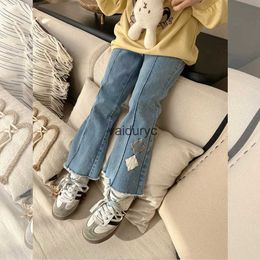 Jeans 2024 Spring New Baby Girls Denim Trousers Toddler Diamond Patch Flared Pants Kids Casual Pants ldren Simple Versatile Jeans H240508