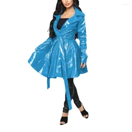 Women's Trench Coats Women Glossy PVC Leather Long Sleeve Lace-up Pockets With Belt Faux Latex Turn-down Collar A-line Street Overcoat