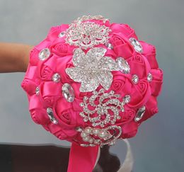 Pink Wedding Bouquets Rose Artificial Sweet 15 Quinceanera Bouquet Crystal Silk Ribbon New Buque De Noiva 37 Colors W228A1599604