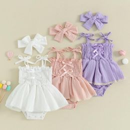 Rompers 0-18months Baby Girl 2pcs Summer Bodysuit Dress Sleeveless Bow Front Smocked Toddler Girls Romper With Headband Set