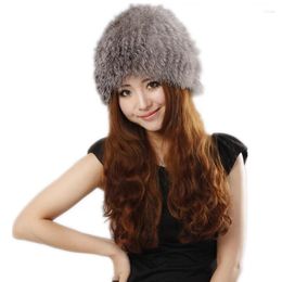 Berets Natural Real Fur Beanies Women Winter Warm Fluffy Russia Style Female Round Cap Fashion Genuine Hat