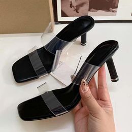 Sandals 2024 Autumn Line Square Toe Open Transparent High Heel Shoes For Women With Metal Sheet Silver Thin