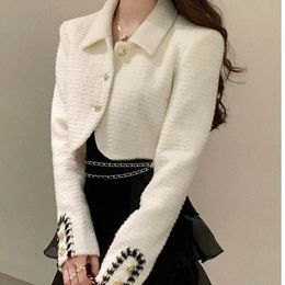 Korea WomenS Short Jacket With White Tweed Fabric Slimming Suit Office Coat Fashion Formal Wear 240118