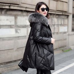 Women's Leather Down Jacket Fur Collar Coat Autumn Winter Thick Warm Female Long Hooded Parker Overcoat Black