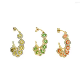Hoop Earrings 35mm Geometric Coin Cz Paved Colorful Enamel And White Cubic Zirconia Gold Plated Color Women Fashion Jewelry