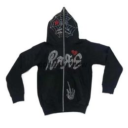 Felpe con cappuccio da uomo Felpe con cappuccio Y2k Felpa con cappuccio da uomo New Gothic Strass Spider Web Hip Hop Grunge Skeleton Giacca oversize Coat24220