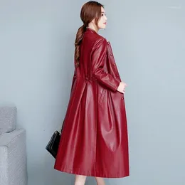 Women's Leather High End Jacket Long Korean Slim Stand Neck Trench Coat Autumn Winter Soft PU Overcoat Large Size 5XL