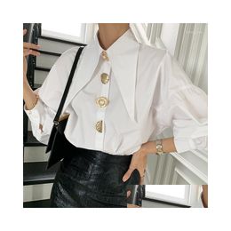 Women'S Blouses & Shirts Womens Blouses Designer Metal Buttons Spring Blouse Women Lantern Sleeve White Shirts Tops Turn Down Collar Dhmzh