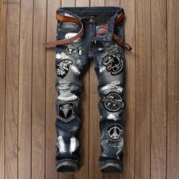 Men's Jeans High Quality Mens Slim-fit Beggar Style Denim PantsTrendy Eagle Embroidery Casual JeansStylish Moto Biker Sexy Jeans Pants;L240120