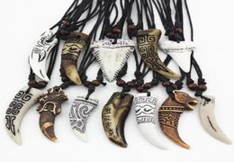 Fashion Jewellery Wholesale 12PCS/LOT Mixed Cool Imitation Bone Carved Dragon Totem /Wolf Tooth Pendant Necklace Amulets Drop Shipping1639076