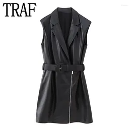 Casual Dresses Faux Leather Black Dress Woman Autumn Sleeveless Mini 2024 Waistcoat Short For Women Sexy Party