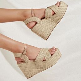 Sandals 2024 Women's Summer Chunky Platform High Heels Wedges Leisure Comfy Walk Espadrilles Sandal Brown Mules Straw Shoes