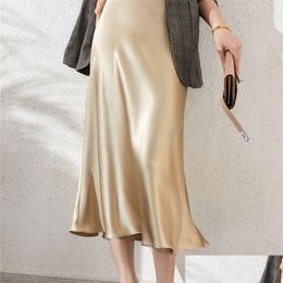 Skirts Women High Waisted Skirt Silk Satin Skirts Aline Elegant Summer Pink Midi Korean Style Pencil 220701 Drop Delivery Apparel Wom Dhn2G