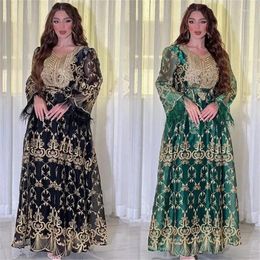 Ethnic Clothing Dubai Gold Floral Embroidery Sequins Feathers Patchwork Long Sleeve V Collar Party Gown With Sashes Eid Al-Adha