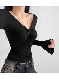 Women's T Shirts Women 2024 Summer Y2k Style Black Pleated Long Tops Spring Girl's V-Neck Drawstring Flare Sleeve White Slim