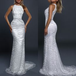 Modern Mermaid Wedding Dress Pearls Rhinestone Beaded Bridal Gowns Sleeveless Sequins Satin Sweep Floor Bride Dresses