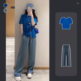 Women's Two Piece Pants Female Leisure Sports Running Suit Women'S Summer 2024 Fashion Trend Loose Short Sleeve Wide-leg Set A490