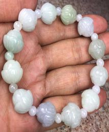 Light Green Natural A Jade Jadeite Beads Carved Lotus Flower Bracelet9623898