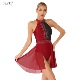 Stage Wear Women Figure Skating Dress Ballet Gymnastic Leotard Shiny Rhinestone Lyrical Dance Costume Performance Dancewear