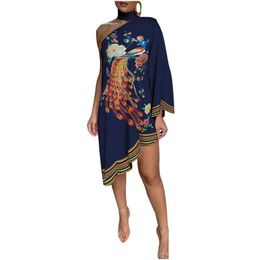 Basic & Casual Dresses Casual Dresses Plus Size Dress Apparel Women Fashion Choker Peacock Print One Shoder Irregar Ruffled Hem 2021 Dhdqx