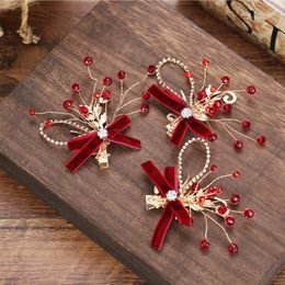 Hair Clips Red Velvet Hairpins And Side Pearl Hairclips For Bride Wedding Jewelry Fairy Bowknot Rhinestone Headpiece Women