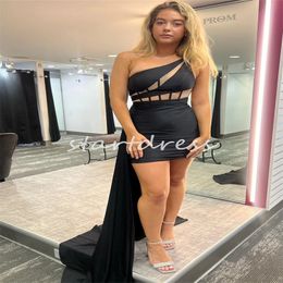 One Shoulder Black Prom Dress Bodice Mini Short Cocktail Party Dress 2024 Sexy Dinner Evening Dress With Attached Train Elegant Backless Vestios De Fiesta Party Gown