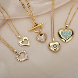 Vintage Zircon Heart 14k Yellow Gold Necklaces For Women Heart Evil Eyes Pendant Necklace Choker Jewelry Gift Bijoux Femme