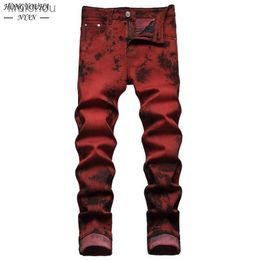 Men's Jeans Brand Mens Jeans High Quality Slim Tie dye Snow Wash Brick Red Denim Straight Pants Vintage Streetwear Fashion Casual TrousersL240119