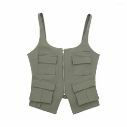 Women's Tanks Autumn Vest Chic Pocket Decorated Style Female Retro Design Short Zipper Top Mujer 3067/113