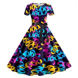 Casual Dresses Mardi Gras Fashion Printed Party Women's Short Sleeve Waisted Bow Tie Round Neck Pleated Dress