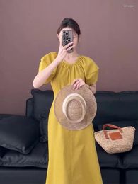 Casual Dresses French Yellow Bubble Sleeves Dress 2024 Gentle Style Waist Wrapping Show Thin Break Children Summer