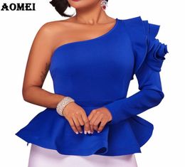 Women Blouse Tops Shirts One Shoulder Sexy Peplum Ruffles Blue Slim Party Wear 2019 Spring Fashion Elegant Ladies Female Clothes Y6127948