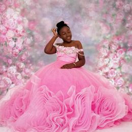 Pink Girls' Flower Girl Dresses Off Shoulder Organza Ball Gown Princess Flowergirl Gowns Little Kids Beading Crystals Birthday Party Daughter and Mother Dress CF039