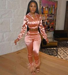 Women039s Two Piece Pants Satin Tracksuit Women 2 Set Sportwear Hooded Crop Top And Pencil Sweat Suit Joggers Casual Matching S7254802
