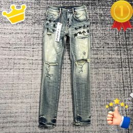 Emendado Mens Hop Designers Hip Flared Jeans Afligido Rasgado Slim Fit Motociclista Denim Calças Mans Streetwear Lavado Calças Roxas