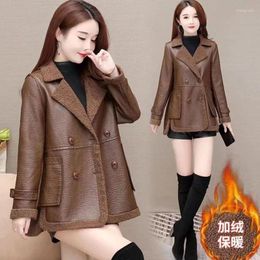 Women's Leather 2024 Women Jacket Autumn Winter Short Double Sided Wear Coat 4XL Female Add Velvet Warm Lamb Wool PU Overcoat