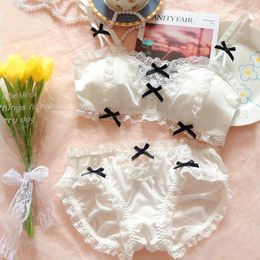 Jeans Kawaii Bra and Panty Set Cute Milk Silk Bra & Panties Set Japanese Wirefree Lolita Girl Lace Underwear Set White Lingerie