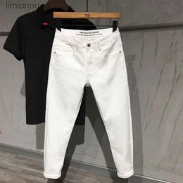 Men's Jeans Men's White Black Casual Jeans Korean Fashion Soild Slim Straight Slim-fit Cropped Denim Pants Jeans For Men ClothingL240119